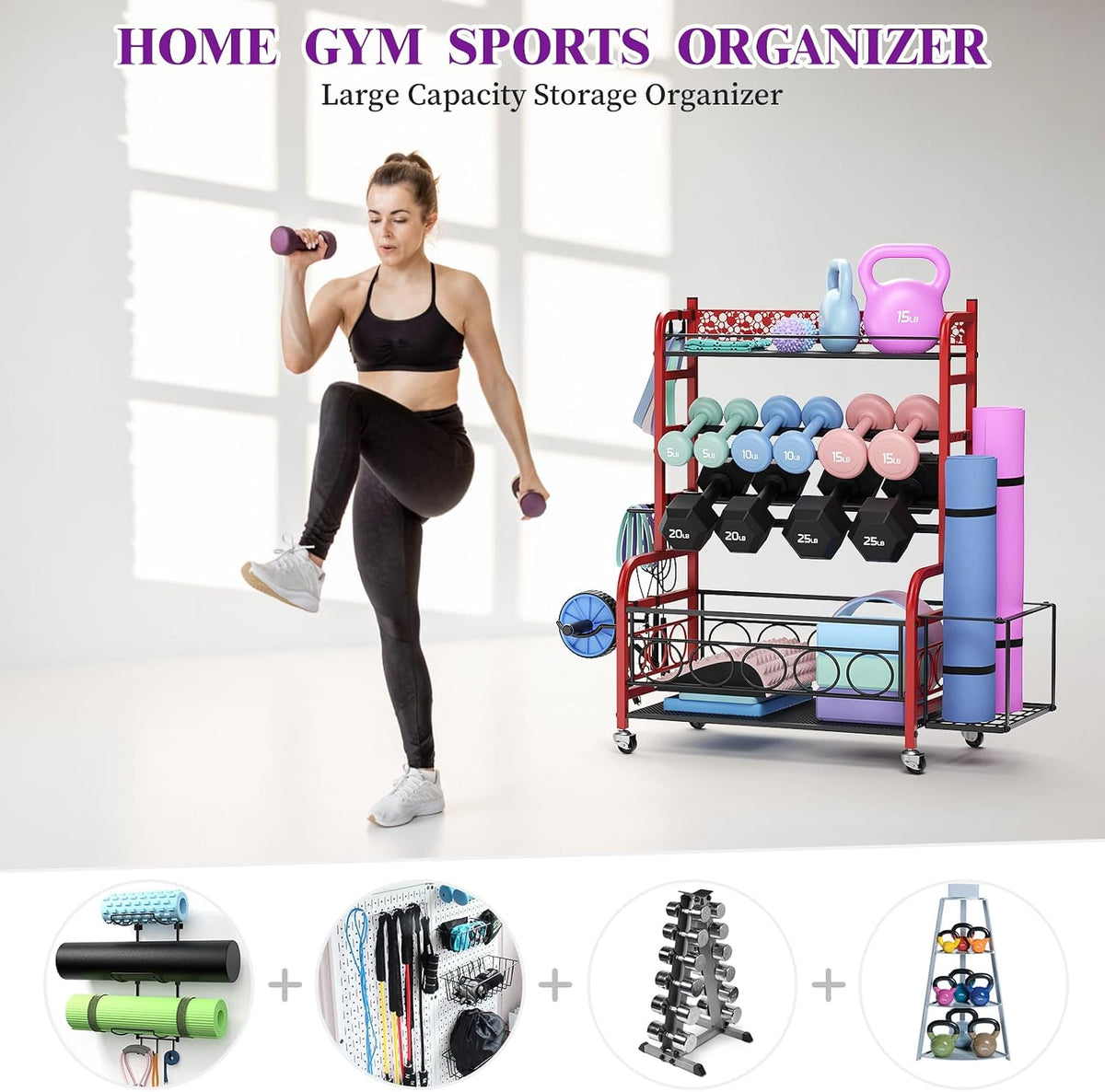 3-Tier Dumbbell Rack with Wheels, Weight Rack for Home Gym Storage