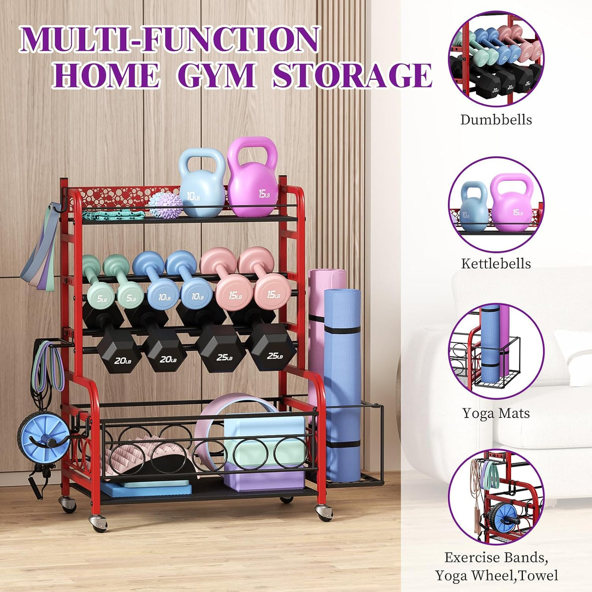 3-Tier Dumbbell Rack with Wheels, Weight Rack for Home Gym Storage
