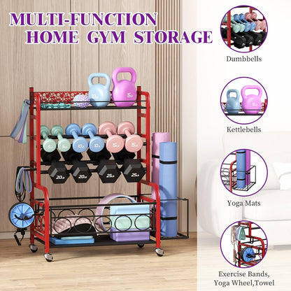 3-Tier Dumbbell Rack with Wheels, Weight Rack for Home Gym Storage