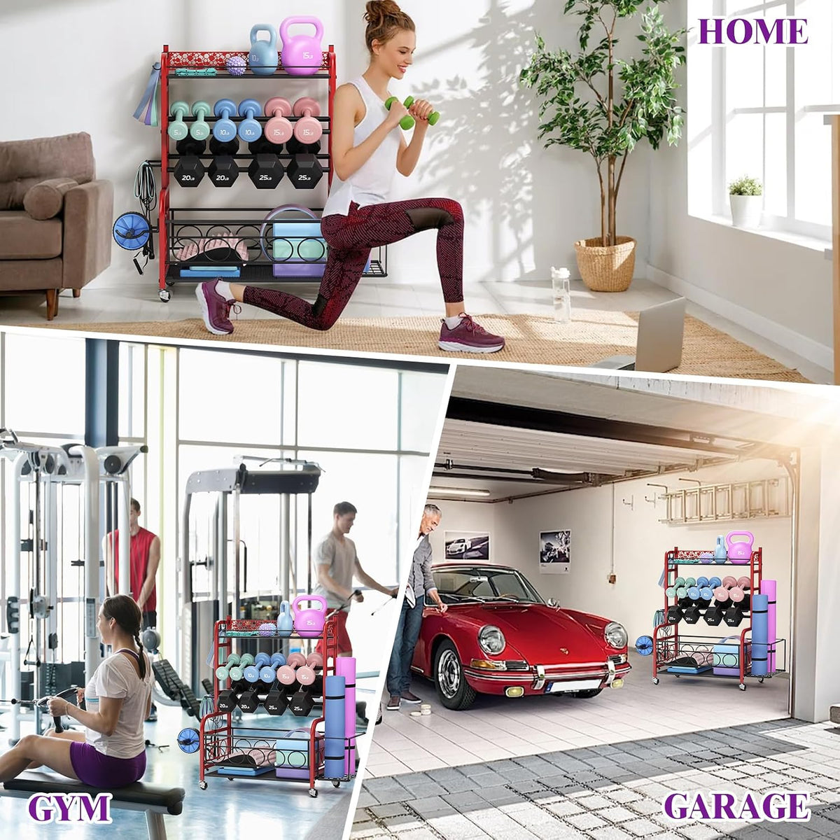 3-Tier Dumbbell Rack with Wheels, Weight Rack for Home Gym Storage