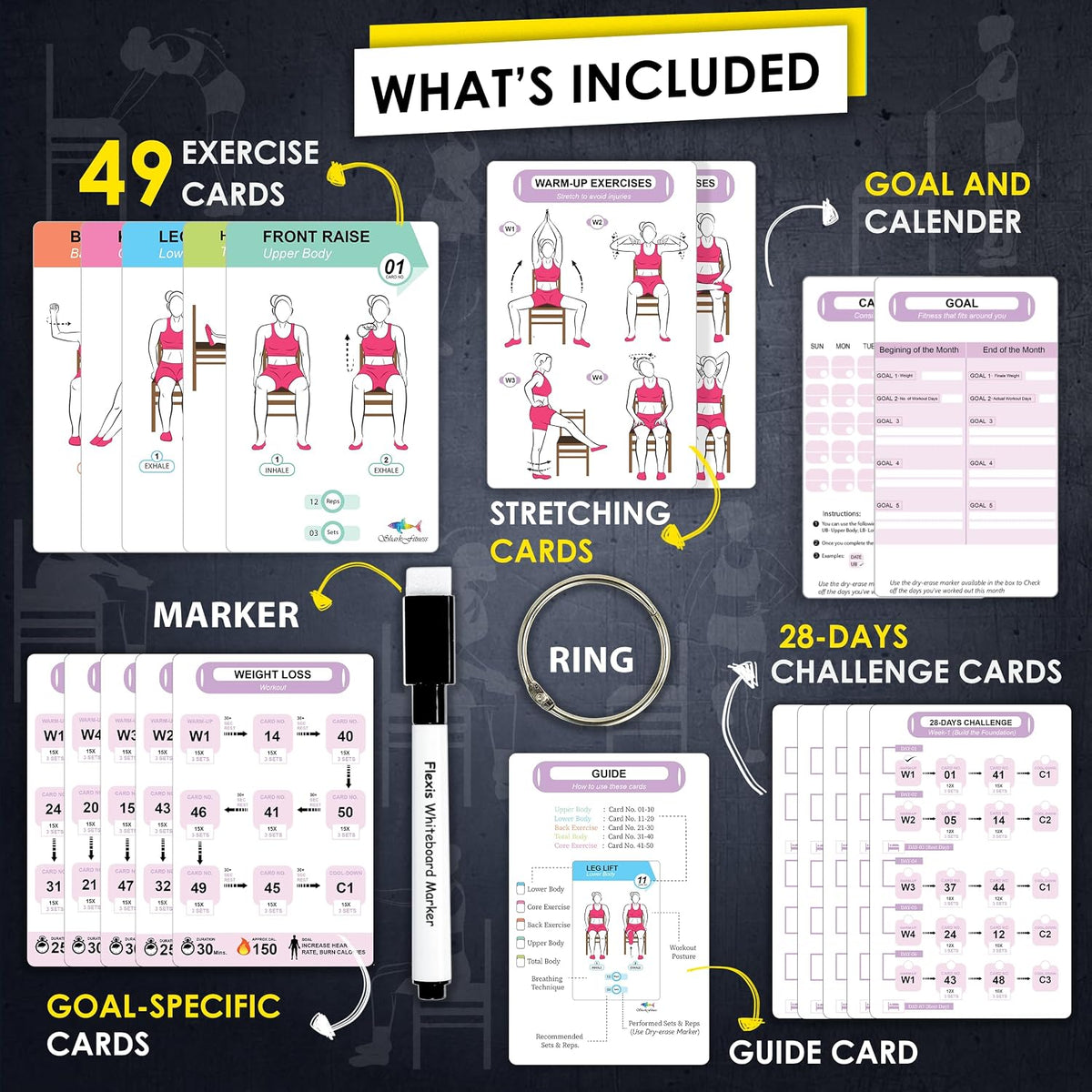 Chair Yoga Workout Cards – 58 Seated Exercise Cards for Beginners & Seniors | 28 Day Chair Workout Chart for Weight Loss, Strength, Flexibility & Balance