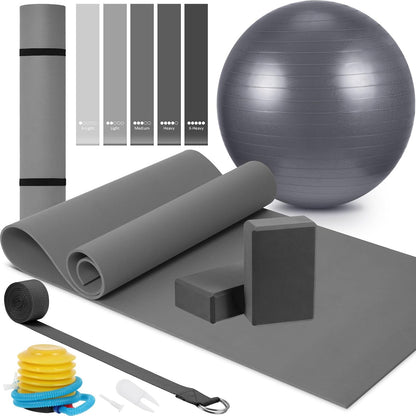 10 Pcs Yoga Starter Kit Include 6mm Yoga Mat with Carry Strap, 2 Blocks, 65cm Pilates Ball, Stretch Strap, 5 Resistance Bands with Air Pump Home Workout Set for Beginners Women Men Gym