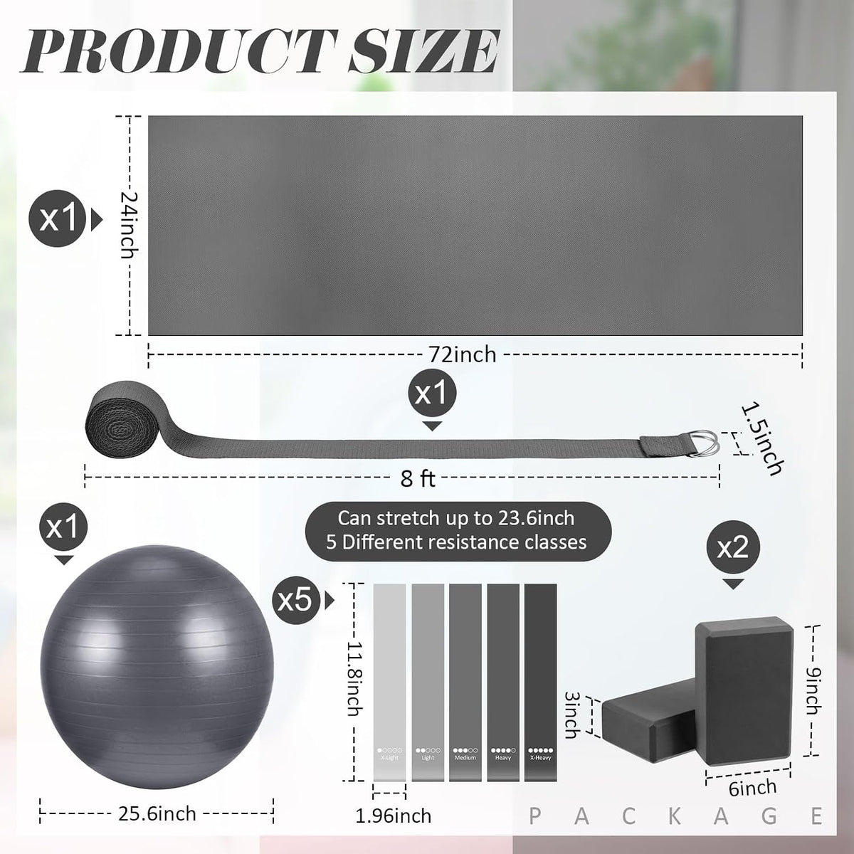 10 Pcs Yoga Starter Kit Include 6mm Yoga Mat with Carry Strap, 2 Blocks, 65cm Pilates Ball, Stretch Strap, 5 Resistance Bands with Air Pump Home Workout Set for Beginners Women Men Gym