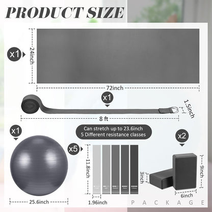 10 Pcs Yoga Starter Kit Include 6mm Yoga Mat with Carry Strap, 2 Blocks, 65cm Pilates Ball, Stretch Strap, 5 Resistance Bands with Air Pump Home Workout Set for Beginners Women Men Gym