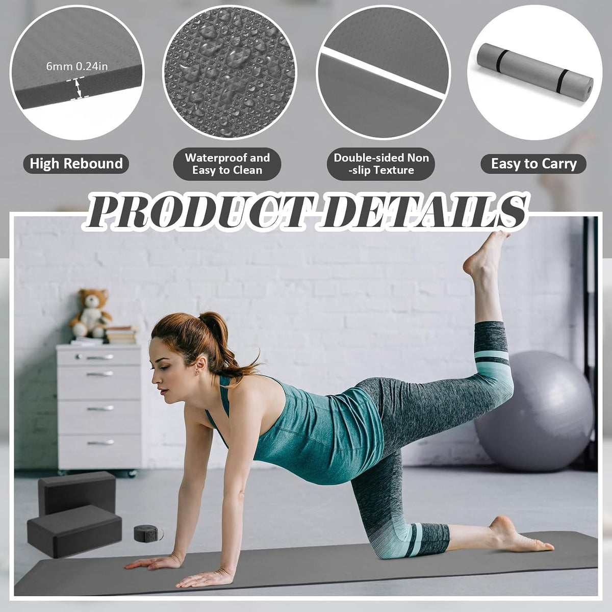 10 Pcs Yoga Starter Kit Include 6mm Yoga Mat with Carry Strap, 2 Blocks, 65cm Pilates Ball, Stretch Strap, 5 Resistance Bands with Air Pump Home Workout Set for Beginners Women Men Gym