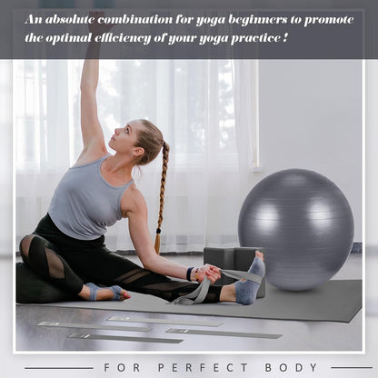 10 Pcs Yoga Starter Kit Include 6mm Yoga Mat with Carry Strap, 2 Blocks, 65cm Pilates Ball, Stretch Strap, 5 Resistance Bands with Air Pump Home Workout Set for Beginners Women Men Gym