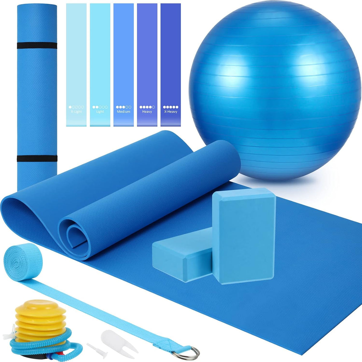 10 Pcs Yoga Starter Kit Include 6mm Yoga Mat with Carry Strap, 2 Blocks, 65cm Pilates Ball, Stretch Strap, 5 Resistance Bands with Air Pump Home Workout Set for Beginners Women Men Gym