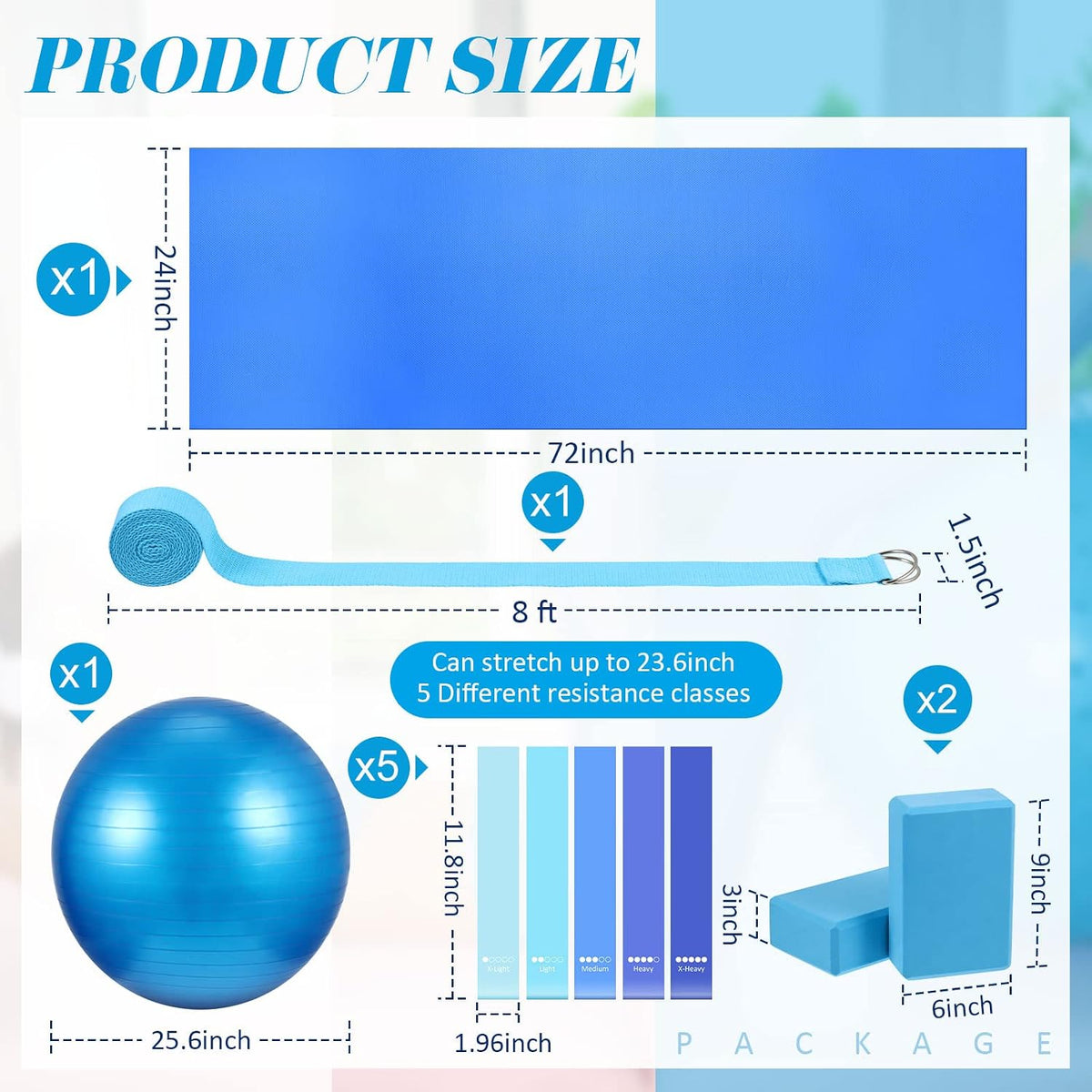 10 Pcs Yoga Starter Kit Include 6mm Yoga Mat with Carry Strap, 2 Blocks, 65cm Pilates Ball, Stretch Strap, 5 Resistance Bands with Air Pump Home Workout Set for Beginners Women Men Gym