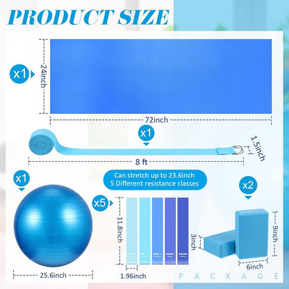 10 Pcs Yoga Starter Kit Include 6mm Yoga Mat with Carry Strap, 2 Blocks, 65cm Pilates Ball, Stretch Strap, 5 Resistance Bands with Air Pump Home Workout Set for Beginners Women Men Gym