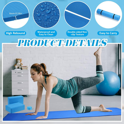10 Pcs Yoga Starter Kit Include 6mm Yoga Mat with Carry Strap, 2 Blocks, 65cm Pilates Ball, Stretch Strap, 5 Resistance Bands with Air Pump Home Workout Set for Beginners Women Men Gym