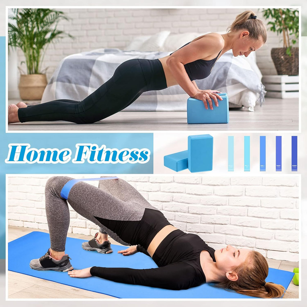 10 Pcs Yoga Starter Kit Include 6mm Yoga Mat with Carry Strap, 2 Blocks, 65cm Pilates Ball, Stretch Strap, 5 Resistance Bands with Air Pump Home Workout Set for Beginners Women Men Gym
