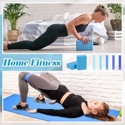 10 Pcs Yoga Starter Kit Include 6mm Yoga Mat with Carry Strap, 2 Blocks, 65cm Pilates Ball, Stretch Strap, 5 Resistance Bands with Air Pump Home Workout Set for Beginners Women Men Gym