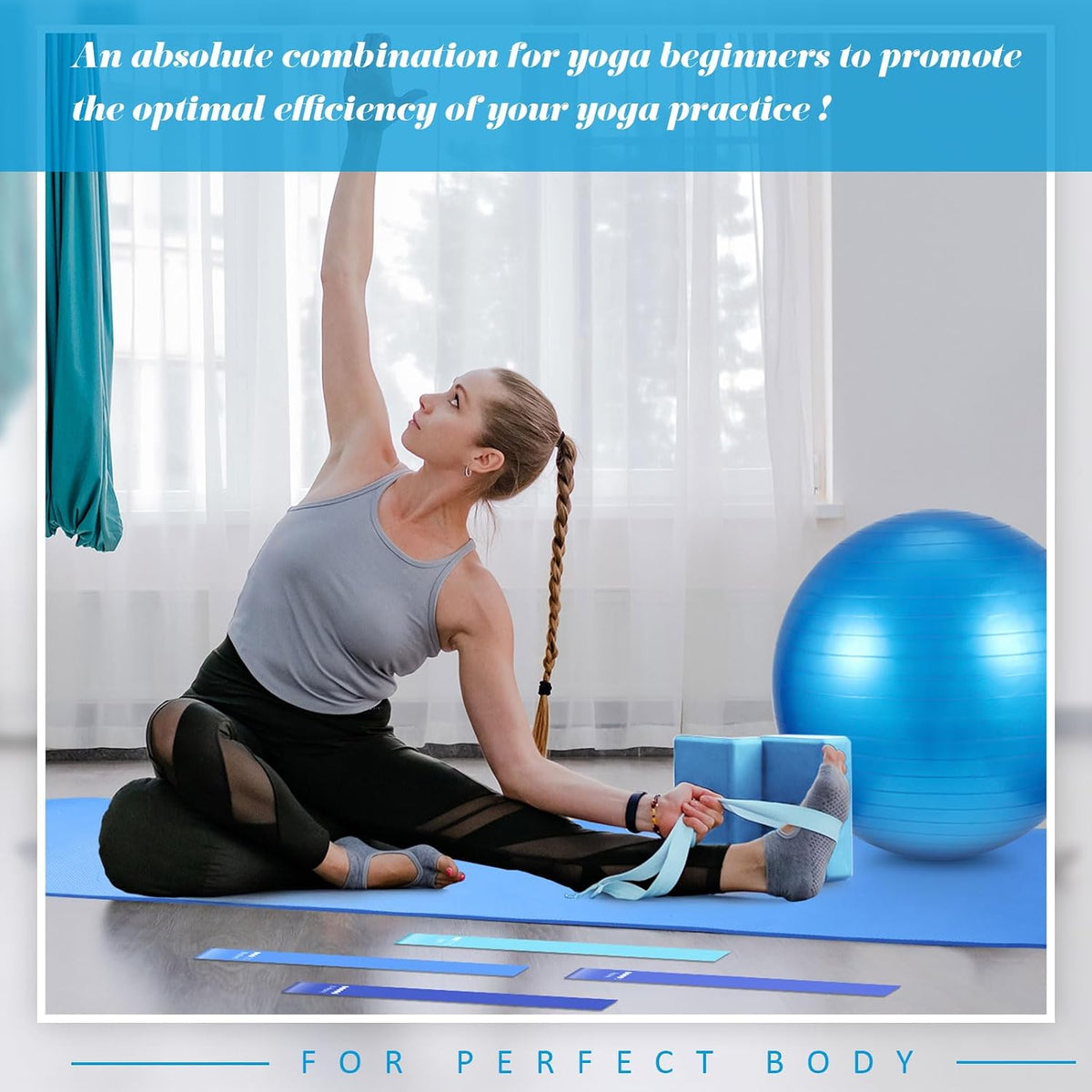 10 Pcs Yoga Starter Kit Include 6mm Yoga Mat with Carry Strap, 2 Blocks, 65cm Pilates Ball, Stretch Strap, 5 Resistance Bands with Air Pump Home Workout Set for Beginners Women Men Gym