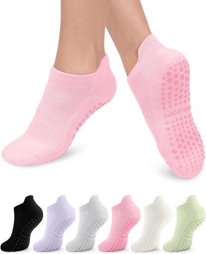 6 Pairs Pilates Grip Socks for Women, Non-slip Yoga Athletic Socks for Barre Ballet Barefoot Workout Hospital