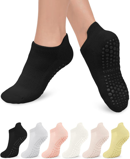 6 Pairs Pilates Grip Socks for Women, Non-slip Yoga Athletic Socks for Barre Ballet Barefoot Workout Hospital