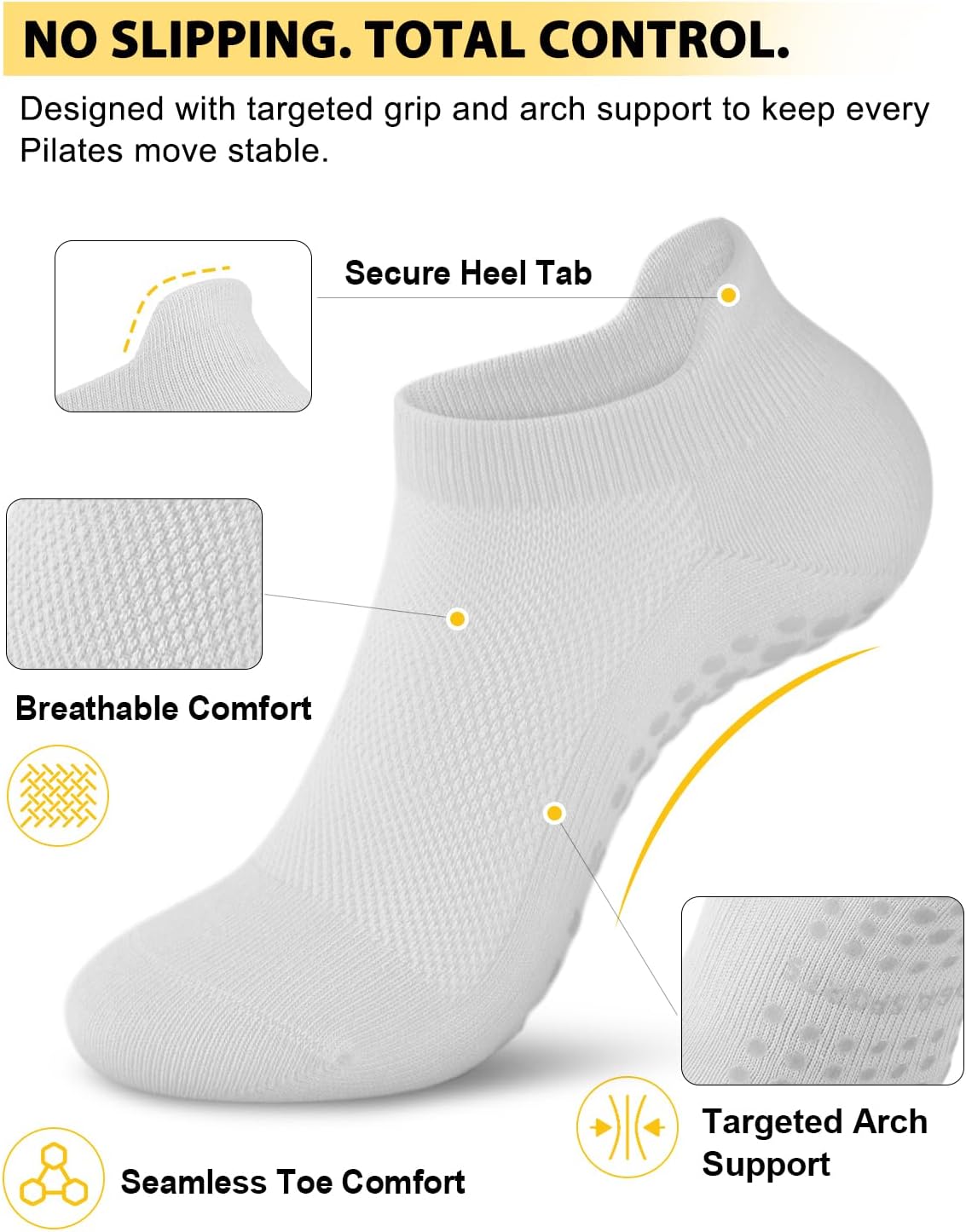 6 Pairs Pilates Grip Socks for Women, Non-slip Yoga Athletic Socks for Barre Ballet Barefoot Workout Hospital