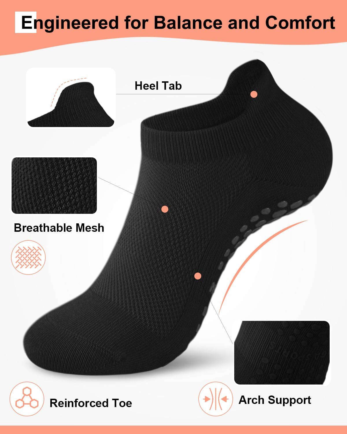6 Pairs Pilates Grip Socks for Women, Non-slip Yoga Athletic Socks for Barre Ballet Barefoot Workout Hospital