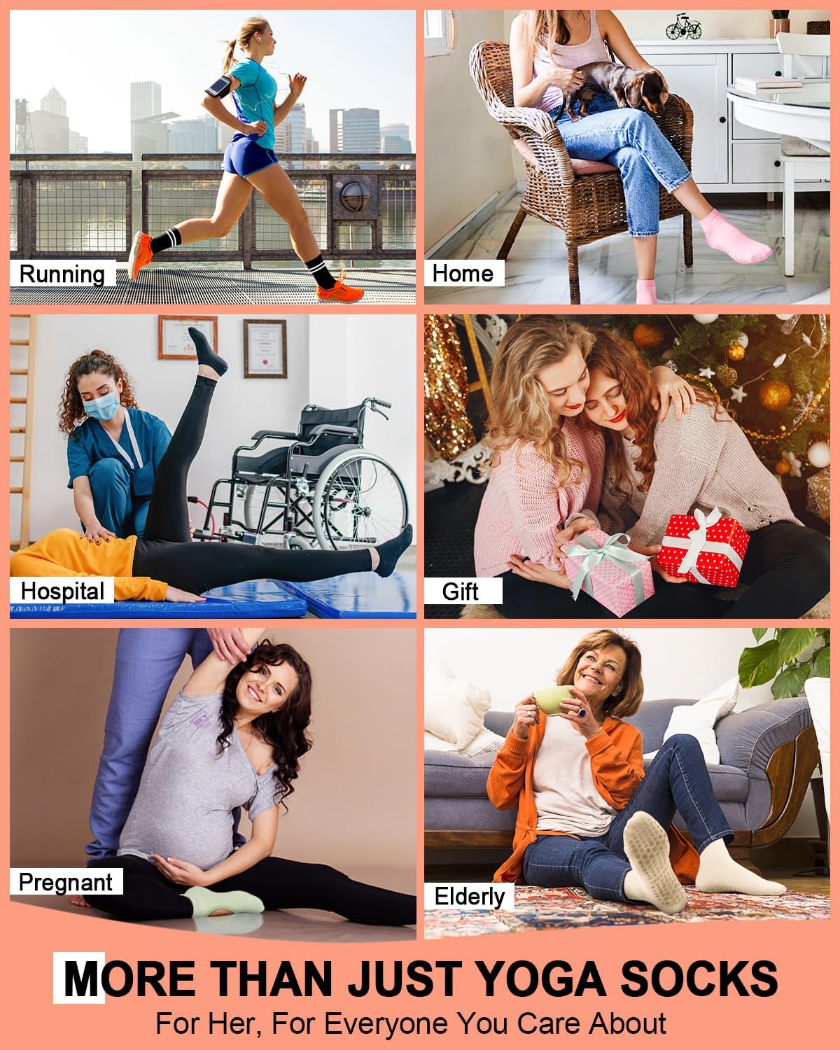 6 Pairs Pilates Grip Socks for Women, Non-slip Yoga Athletic Socks for Barre Ballet Barefoot Workout Hospital