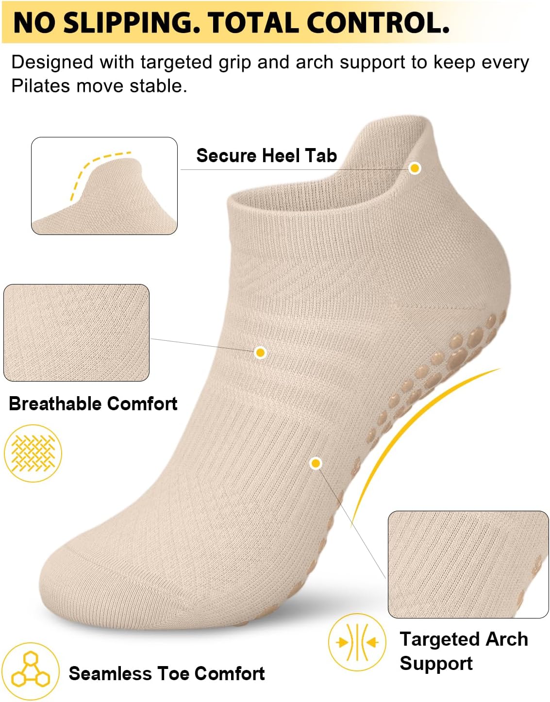 6 Pairs Pilates Grip Socks for Women, Non-slip Yoga Athletic Socks for Barre Ballet Barefoot Workout Hospital