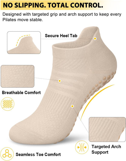 6 Pairs Pilates Grip Socks for Women, Non-slip Yoga Athletic Socks for Barre Ballet Barefoot Workout Hospital