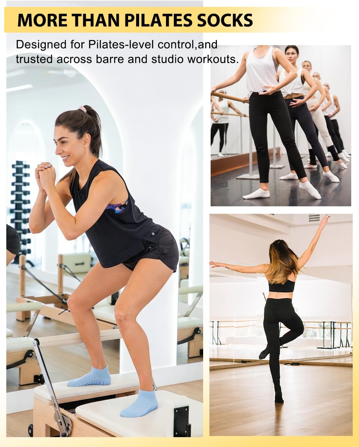 6 Pairs Pilates Grip Socks for Women, Non-slip Yoga Athletic Socks for Barre Ballet Barefoot Workout Hospital