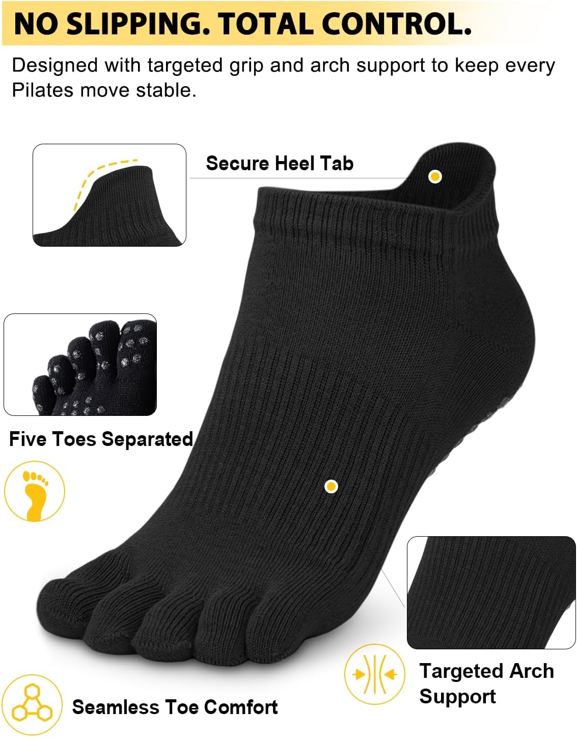 6 Pairs Pilates Grip Socks for Women, Non-slip Yoga Athletic Socks for Barre Ballet Barefoot Workout Hospital