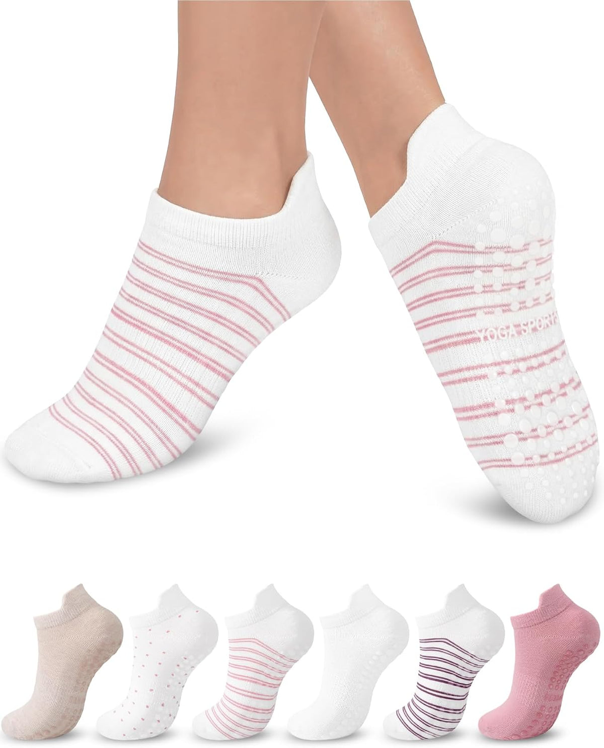 6 Pairs Pilates Grip Socks for Women, Non-slip Yoga Athletic Socks for Barre Ballet Barefoot Workout Hospital