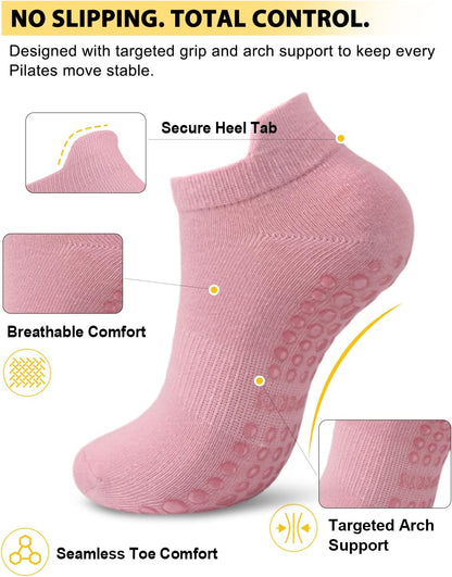 6 Pairs Pilates Grip Socks for Women, Non-slip Yoga Athletic Socks for Barre Ballet Barefoot Workout Hospital