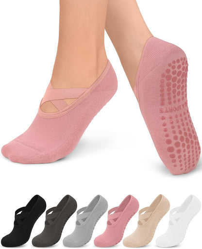 6 Pairs Pilates Grip Socks for Women, Non-slip Yoga Athletic Socks for Barre Ballet Barefoot Workout Hospital