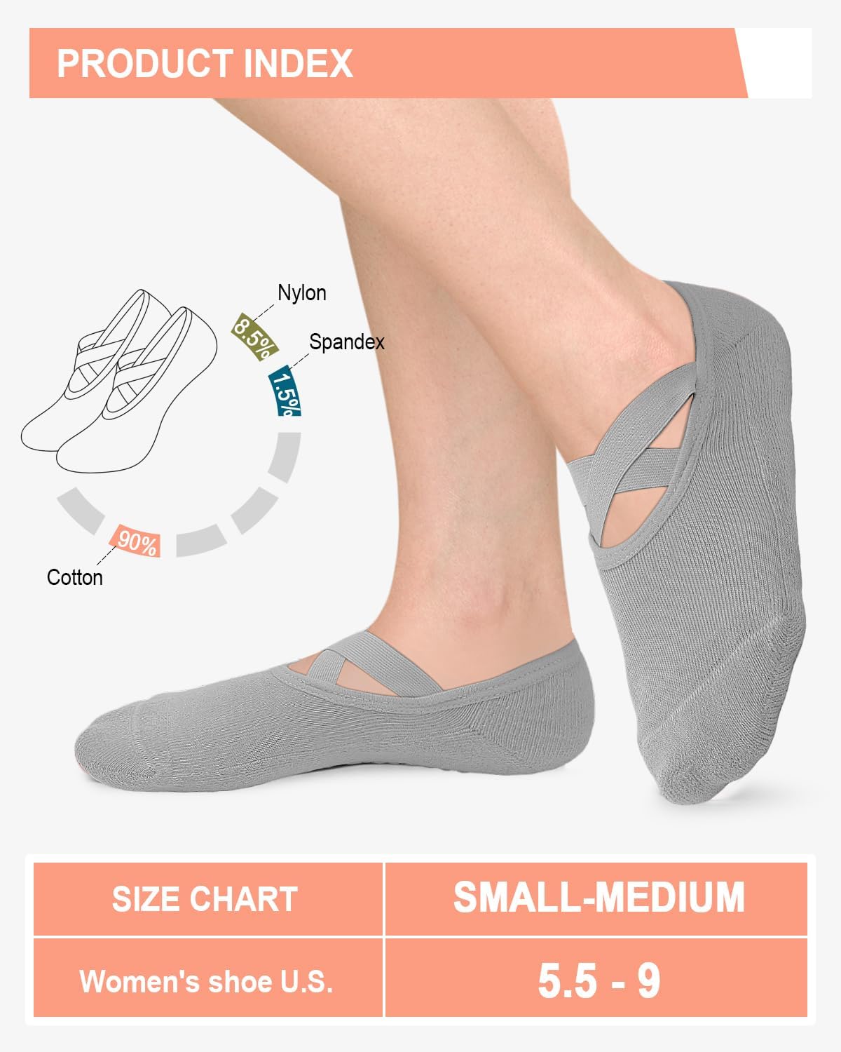 6 Pairs Pilates Grip Socks for Women, Non-slip Yoga Athletic Socks for Barre Ballet Barefoot Workout Hospital