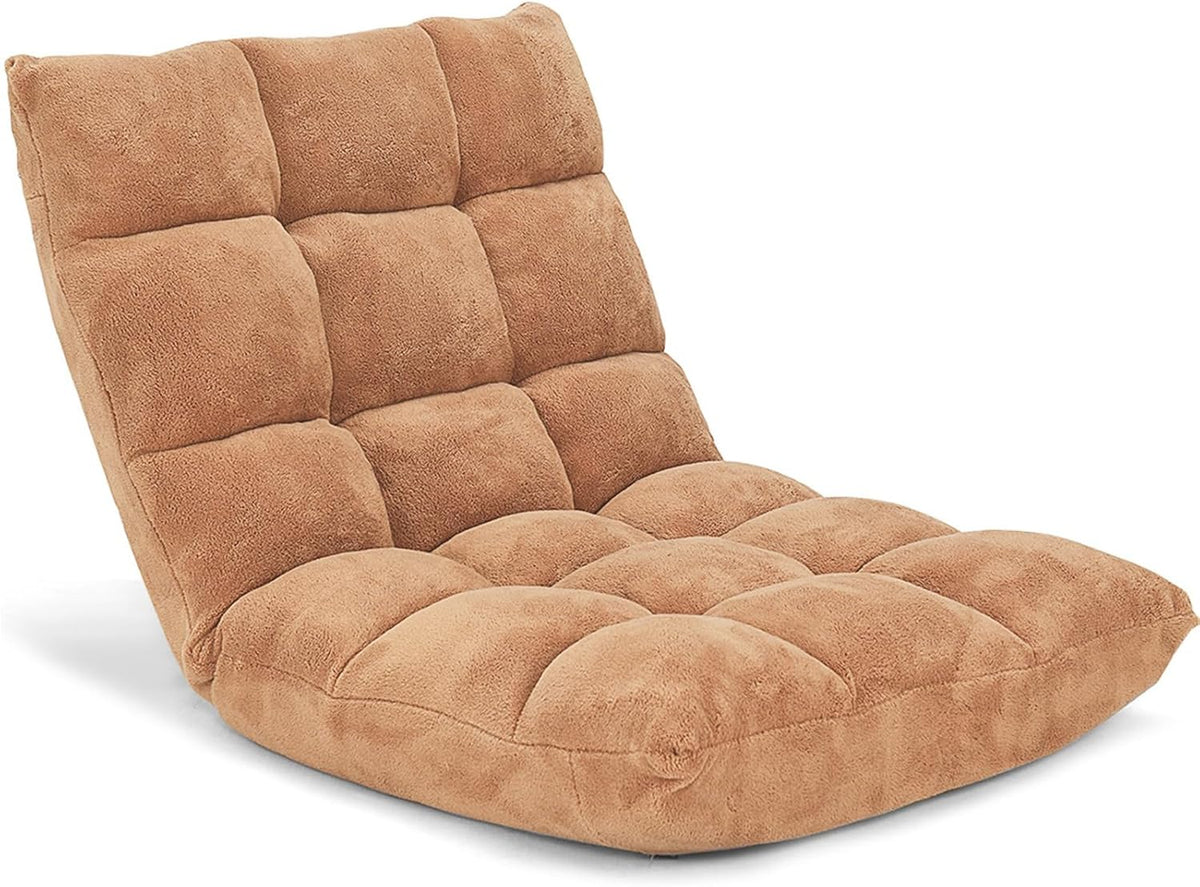 Folding Floor Chair with Back Support, 14 Adjustable Position, Padded Sleeper Bed, Couch Recliner, Gaming Floor Chairs for Adults, Meditation, Living Room (TAN)
