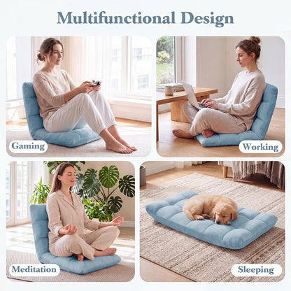 Folding Floor Chair with Back Support, 14 Adjustable Position, Padded Sleeper Bed, Couch Recliner, Gaming Floor Chairs for Adults, Meditation, Living Room (TAN)
