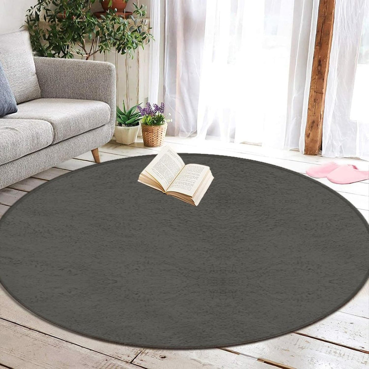 Machine Washable Modern Round Area Rug, Room Sofa Yoga Soft Round Carpet, Home Decor Non Slip Kitchen Office Circle Rug Grey, 24inch