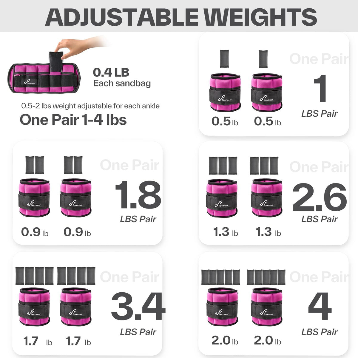 Adjustable Ankle and Wrist Weights for Women Pair of 4lb/13lb