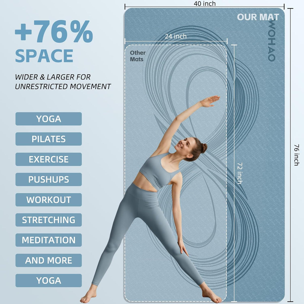 Large 76"x40"x0.4" Yoga Mat | Extra Width & Thick, Non-Slip Exercise Mat, Versatile for Stretching, Yoga Studio, Gym, Home & Indoor/Outdoor Workouts