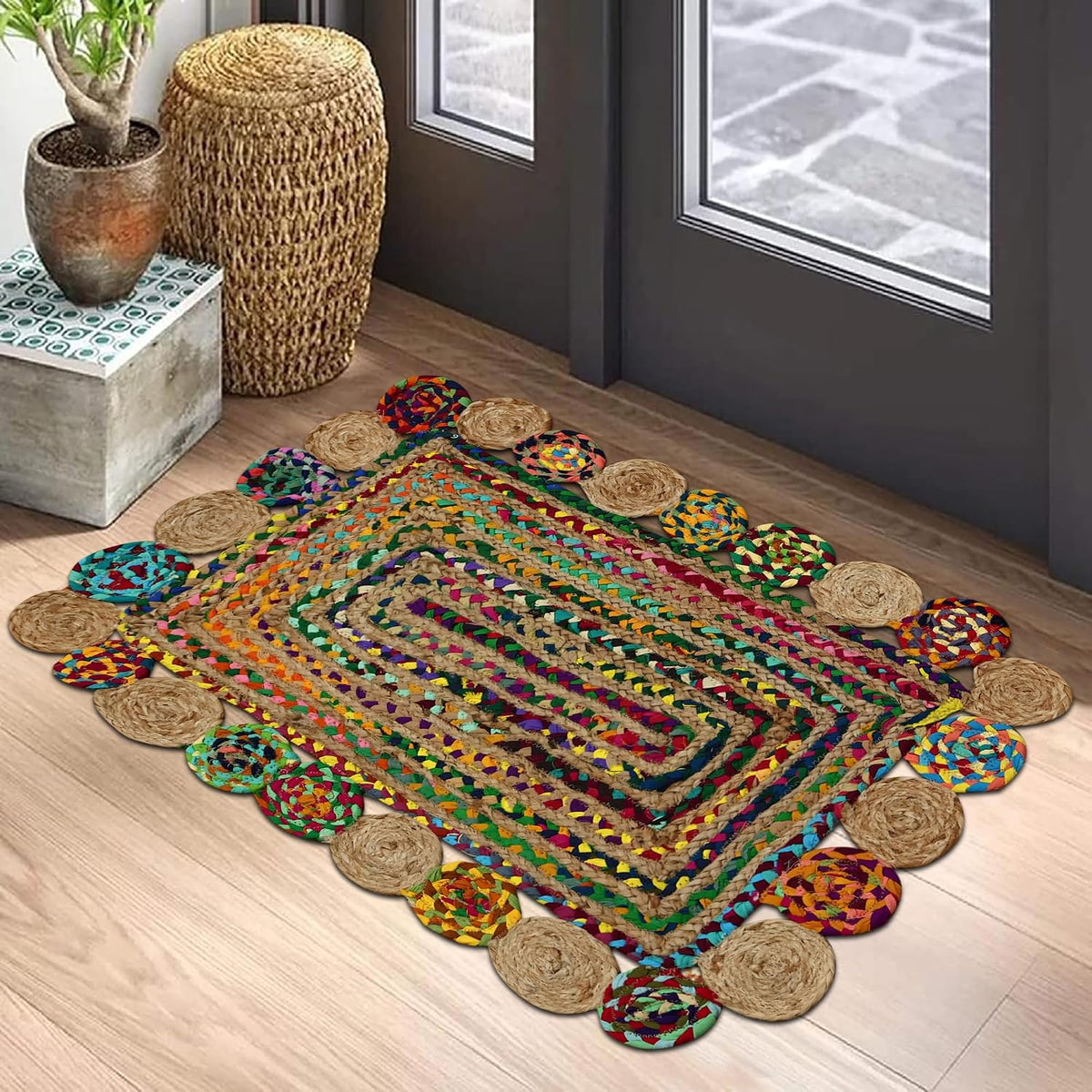 Premium Quality Jute Rug 2x3 Kilim Area Rug Hand Braided Jute Geometric Pattern Beige Hand Woven Boho Flatweave Carpet Indoor Outdoor Rugs for Kitchen Garden Yoga Mat - Colors B