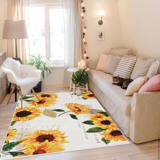 Sunflower Machine Washable Area Rug 4' x 6', Soft Non Slip Botanical Accent Floral Indoor Rugs, Vintage Rugs for Living Room Bedroom Floor Carpet Yoga Mat Home Office