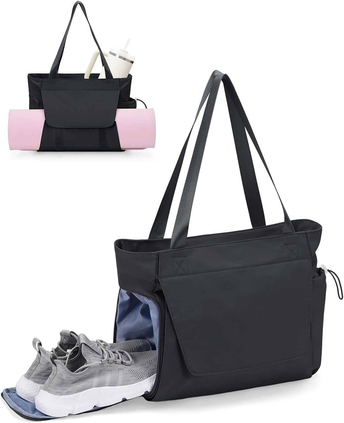 Gym Bag for Women, 19L Yoga Mat Bag with Shoe Compartment & Wet Dry Pocket, Gym Tote Bag with Hook-and-loop Yoga Mat Holder, Quick Access Storage, for Workout Travel Pilates Dance
