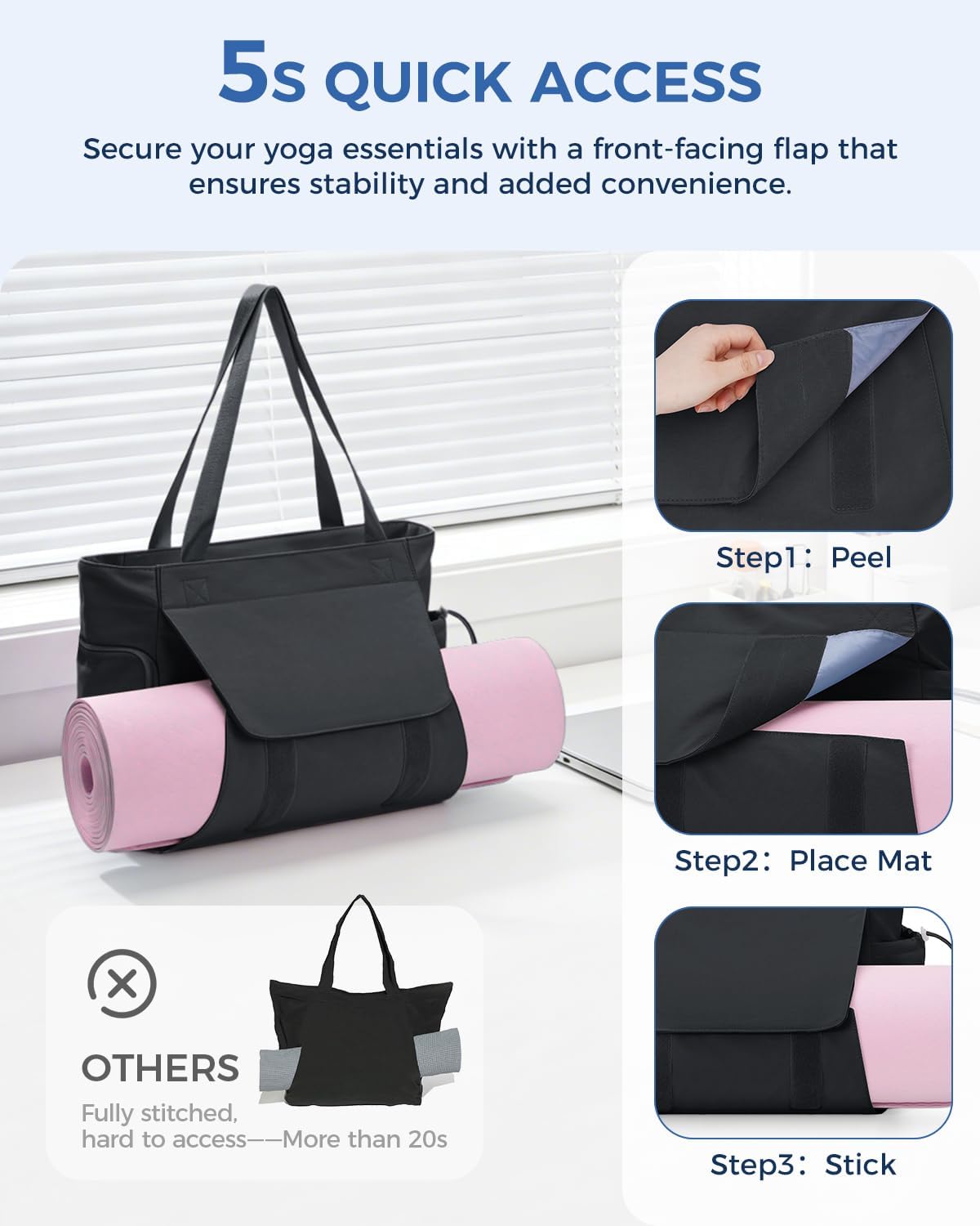 Gym Bag for Women, 19L Yoga Mat Bag with Shoe Compartment & Wet Dry Pocket, Gym Tote Bag with Hook-and-loop Yoga Mat Holder, Quick Access Storage, for Workout Travel Pilates Dance