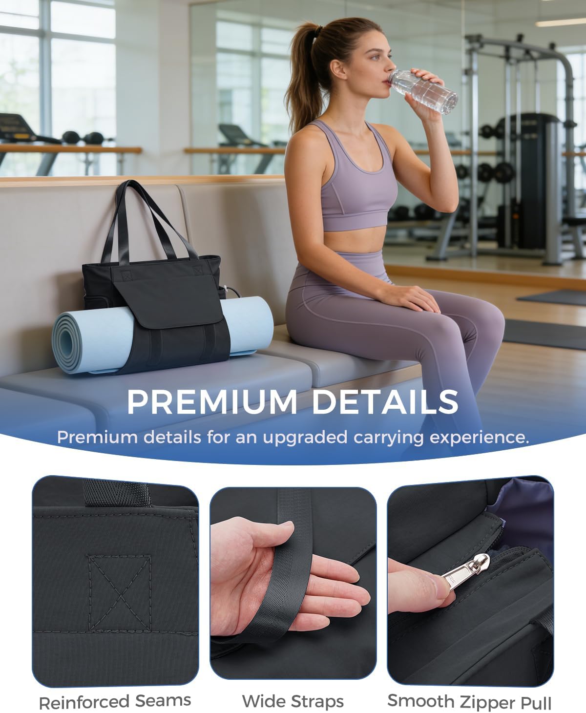 Gym Bag for Women, 19L Yoga Mat Bag with Shoe Compartment & Wet Dry Pocket, Gym Tote Bag with Hook-and-loop Yoga Mat Holder, Quick Access Storage, for Workout Travel Pilates Dance