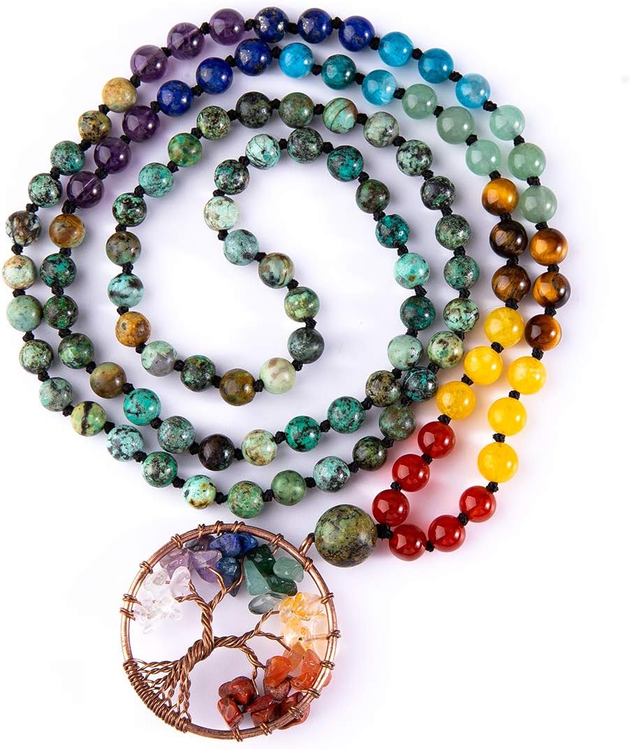 108 Mala Beads Necklace Life Tree 7 Chakra Wrap Bracelet Real Healing Gemstone Yoga Meditation Hand Knotted Mala Prayer Bead Necklace