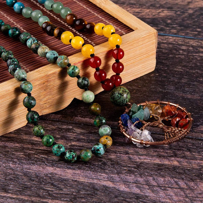 108 Mala Beads Necklace Life Tree 7 Chakra Wrap Bracelet Real Healing Gemstone Yoga Meditation Hand Knotted Mala Prayer Bead Necklace