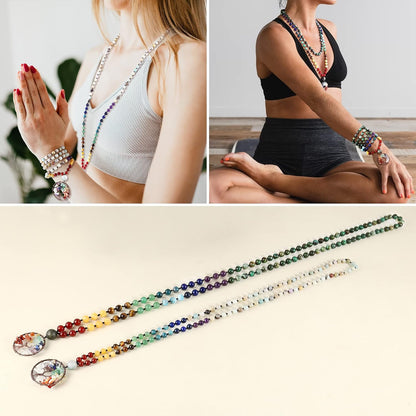 108 Mala Beads Necklace Life Tree 7 Chakra Wrap Bracelet Real Healing Gemstone Yoga Meditation Hand Knotted Mala Prayer Bead Necklace