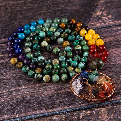 108 Mala Beads Necklace Life Tree 7 Chakra Wrap Bracelet Real Healing Gemstone Yoga Meditation Hand Knotted Mala Prayer Bead Necklace