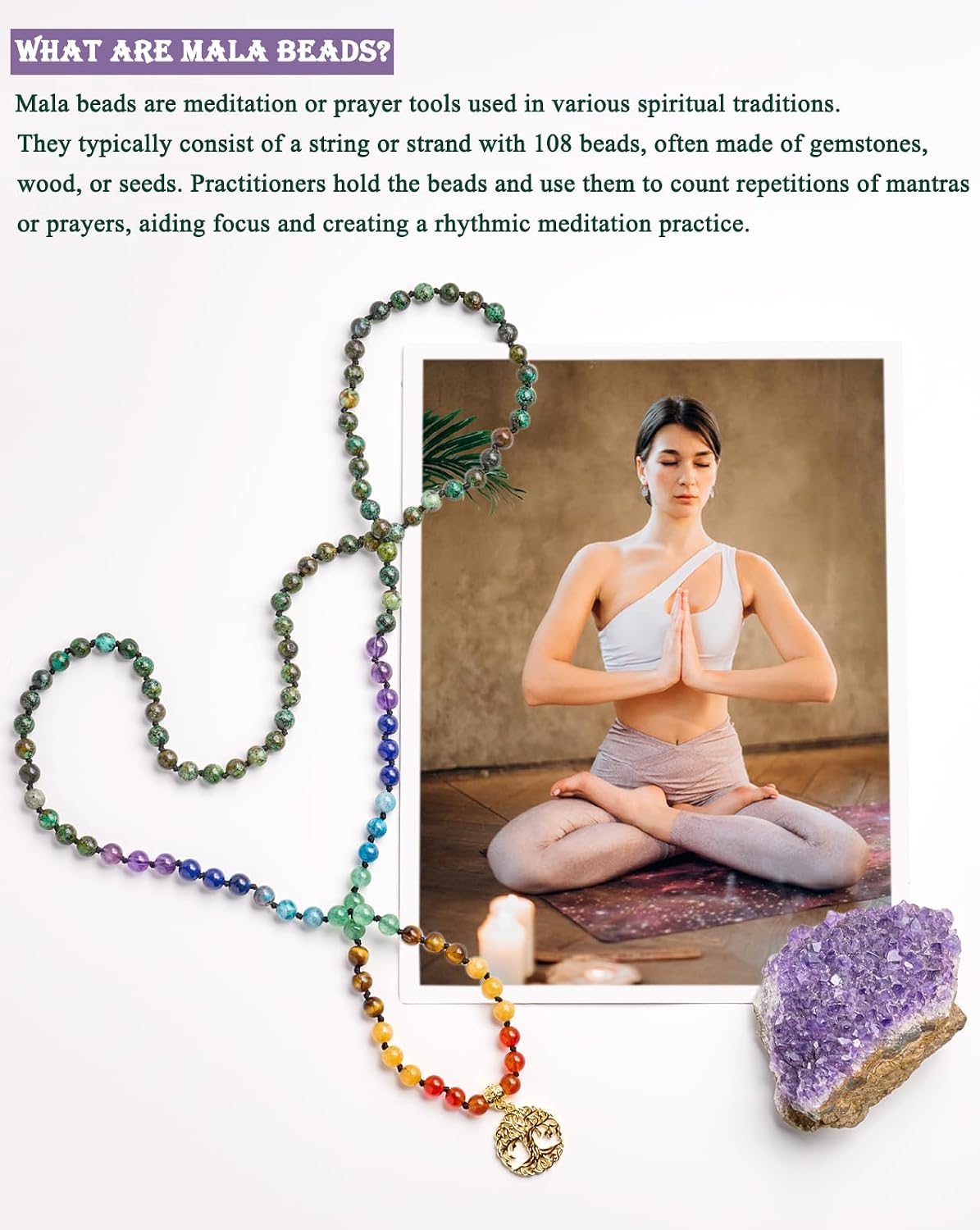 108 Mala Beads Necklace Life Tree 7 Chakra Wrap Bracelet Real Healing Gemstone Yoga Meditation Hand Knotted Mala Prayer Bead Necklace
