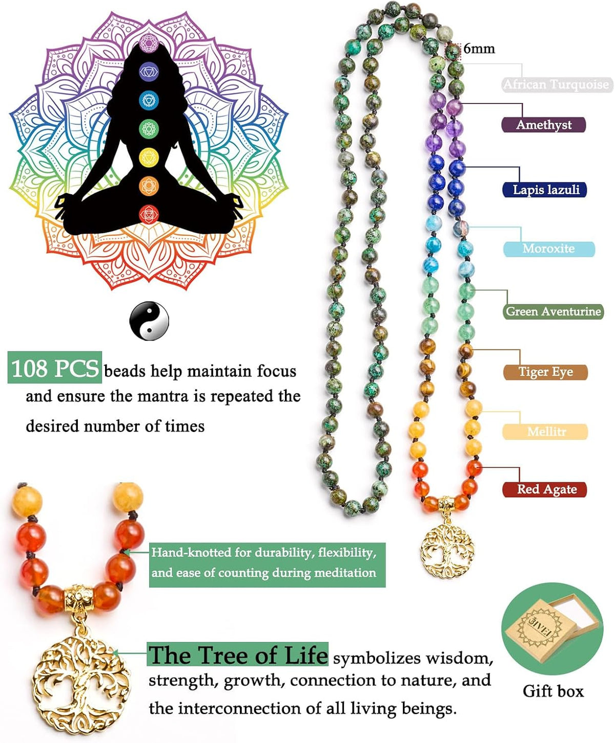 108 Mala Beads Necklace Life Tree 7 Chakra Wrap Bracelet Real Healing Gemstone Yoga Meditation Hand Knotted Mala Prayer Bead Necklace