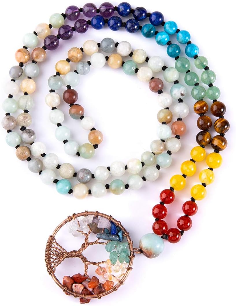 108 Mala Beads Necklace Life Tree 7 Chakra Wrap Bracelet Real Healing Gemstone Yoga Meditation Hand Knotted Mala Prayer Bead Necklace