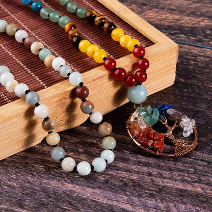 108 Mala Beads Necklace Life Tree 7 Chakra Wrap Bracelet Real Healing Gemstone Yoga Meditation Hand Knotted Mala Prayer Bead Necklace