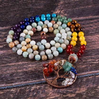 108 Mala Beads Necklace Life Tree 7 Chakra Wrap Bracelet Real Healing Gemstone Yoga Meditation Hand Knotted Mala Prayer Bead Necklace