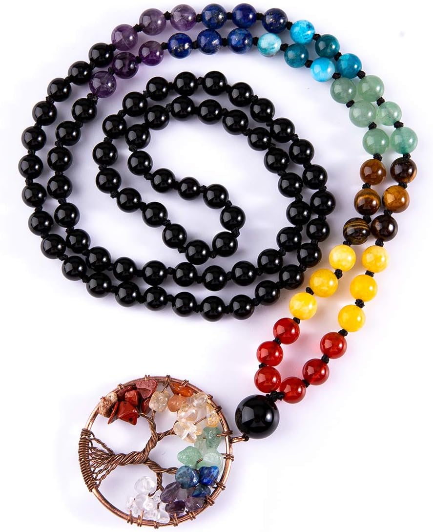 108 Mala Beads Necklace Life Tree 7 Chakra Wrap Bracelet Real Healing Gemstone Yoga Meditation Hand Knotted Mala Prayer Bead Necklace